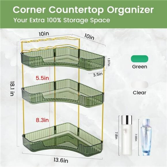 Green 3 tier corner makeup organizer with brush holder vanity storage shelf - Picture 2 of 7